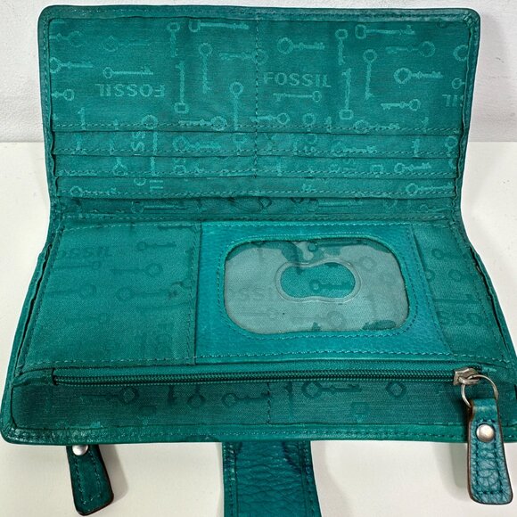 Fossil Birdhouse Wallet Teal Green Snap Button Credit Cards Bill Coins ID - Picture 9 of 13